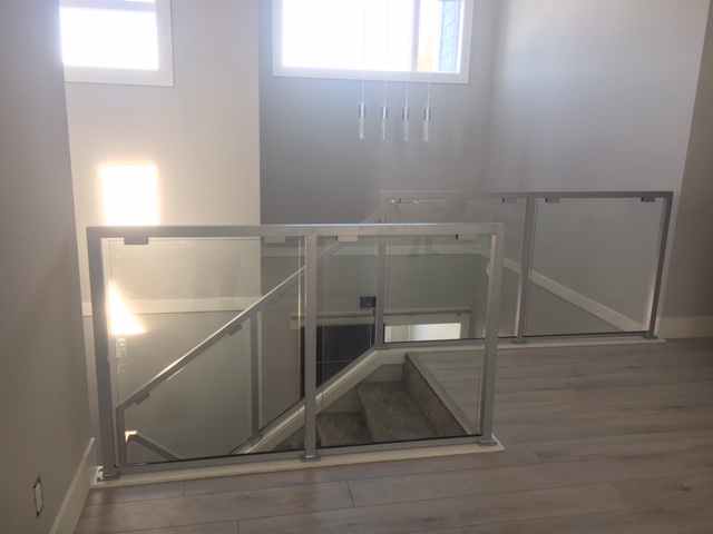 contemporary interior glass railing, silver, richmond